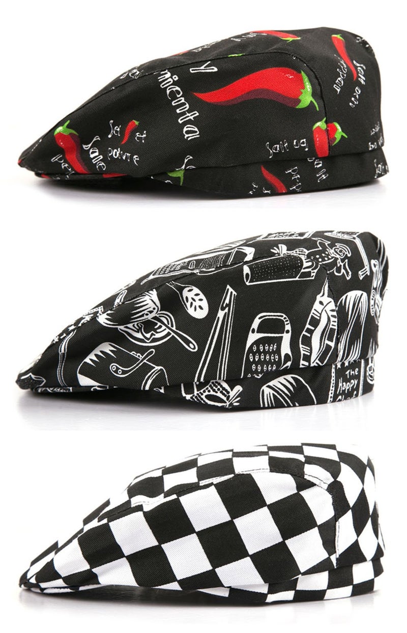 123Arts 3pcs Chef Work Unisex Adult Printing Chef Hat Beret Party Accessory Black - Image 1